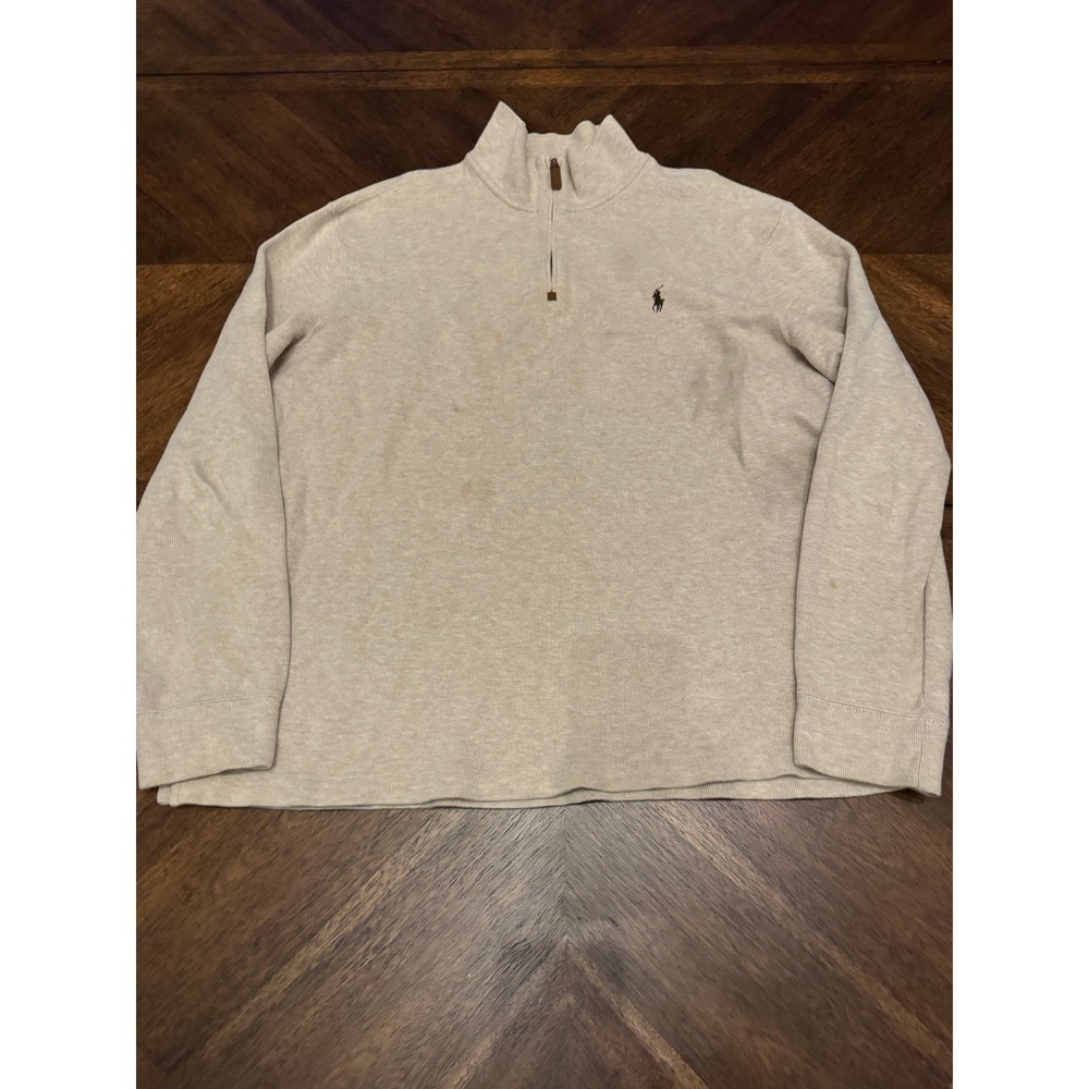 Polo Ralph Lauren Mens XL Quarter Zip Pullover Sweater Beige Heather Pony Logo - Picture 2 of 9